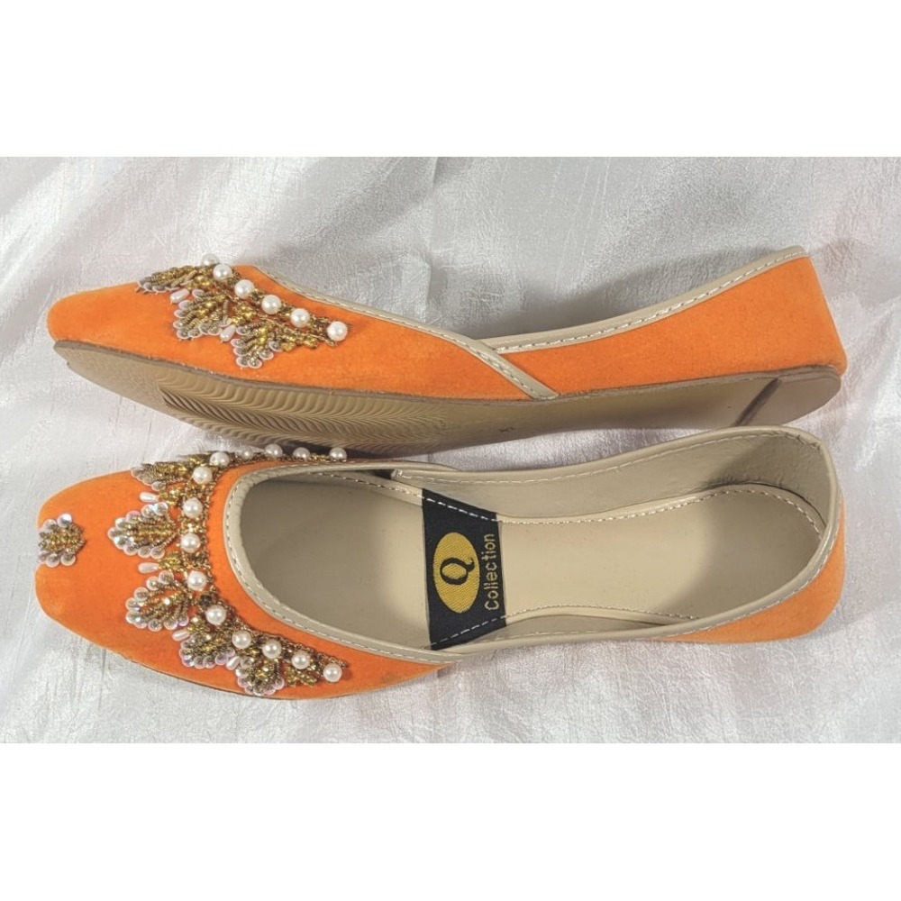 Q Women's Pakistani Ethnic Flat Beaded Floral Velvet Khussa Shoes - Orange - 10